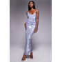 ASOS DESIGN iridescent sequin asymmetric cowl neck midi dress in light blue