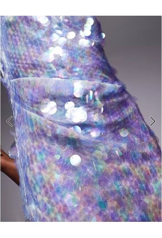 ASOS DESIGN iridescent sequin asymmetric cowl neck midi dress in light blue