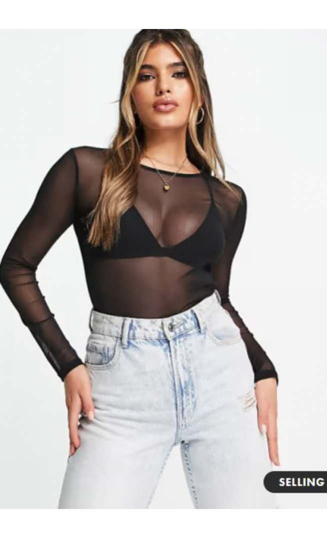 ASOS DESIGN cropped long sleeve mesh top in black