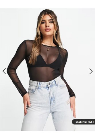 ASOS DESIGN cropped long sleeve mesh top in black