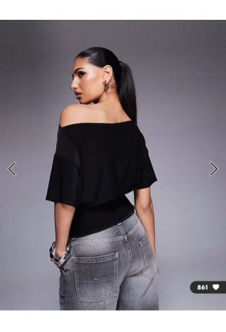 ASOS DESIGN asymmetric one shoulder short sleeve top with cinch waist detail in black