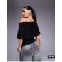 ASOS DESIGN asymmetric one shoulder short sleeve top with cinch waist detail in black