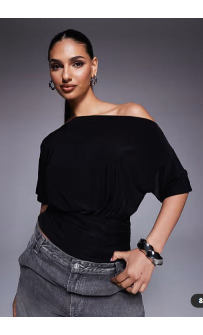 ASOS DESIGN asymmetric one shoulder short sleeve top with cinch waist detail in black