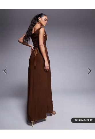ASOS DESIGN twist shoulder with lace up back maxi dress in bronze
