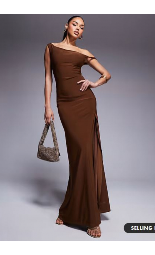 ASOS DESIGN twist shoulder with lace up back maxi dress in bronze