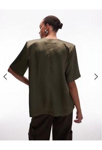 ASOS DESIGN oversized satin t-shirt with shoulder pads in olive green