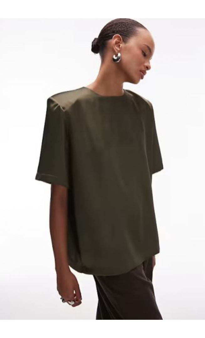 ASOS DESIGN oversized satin t-shirt with shoulder pads in olive green