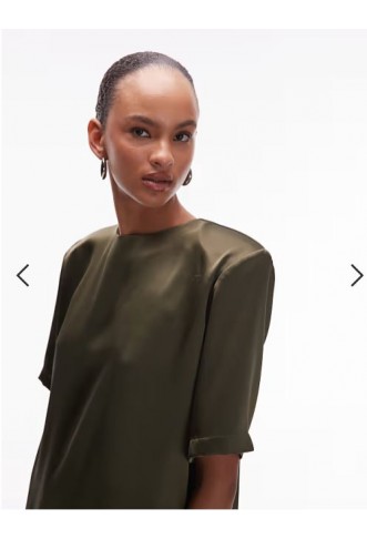 ASOS DESIGN oversized satin t-shirt with shoulder pads in olive green