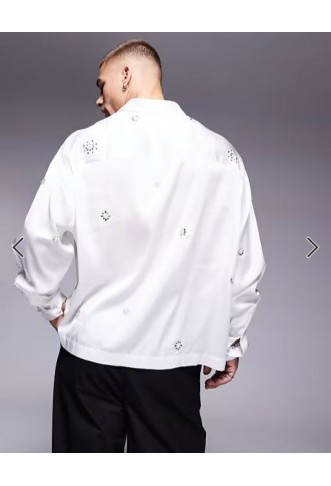 ASOS DESIGN boxy oversized satin shirt with embellishments in white