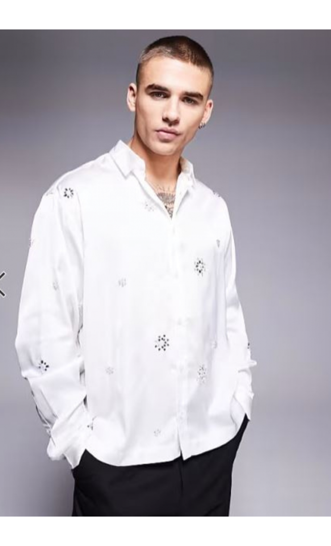 ASOS DESIGN boxy oversized satin shirt with embellishments in white