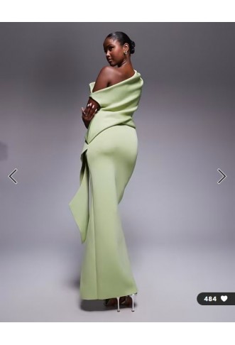 ASOS DESIGN fallen shoulder manipulated fold midi dress in sage in scuba-style fabric