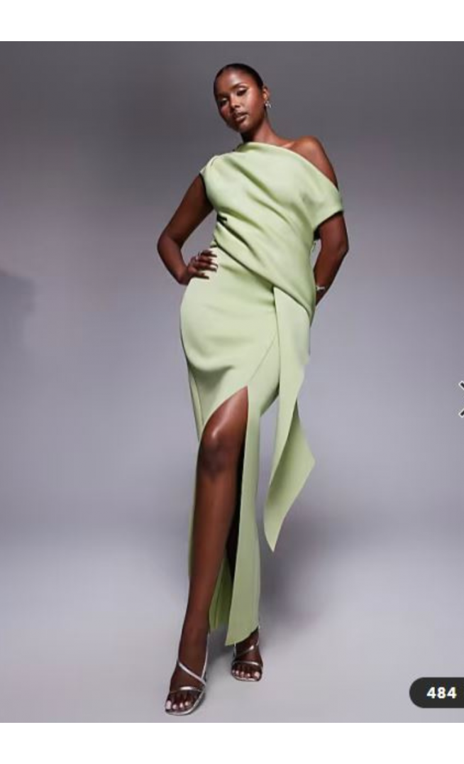 ASOS DESIGN fallen shoulder manipulated fold midi dress in sage in scuba-style fabric