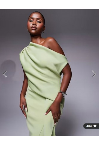 ASOS DESIGN fallen shoulder manipulated fold midi dress in sage in scuba-style fabric