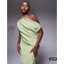 ASOS DESIGN fallen shoulder manipulated fold midi dress in sage in scuba-style fabric