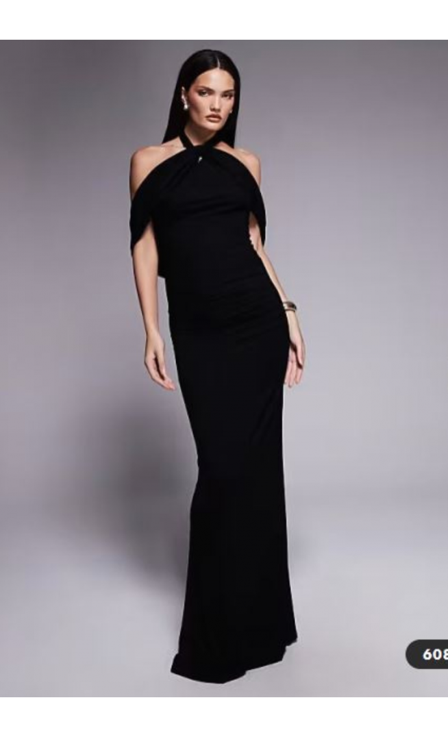 ASOS DESIGN draped cape halter maxi dress in black
