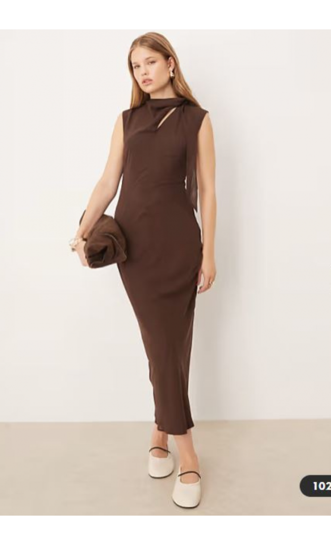ASOS DESIGN chiffon tie neck maxi dress in chocolate