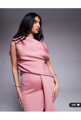 ASOS DESIGN fallen shoulder manipulated fold midi dress in dusty rose in scuba-style fabric