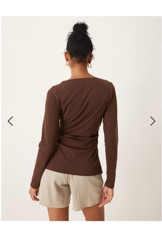 Abercrombie & Fitch long sleeve top with slash neck in brown