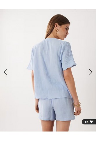 JDY short sleeve tie front cheesecloth shirt co-ord in light blue