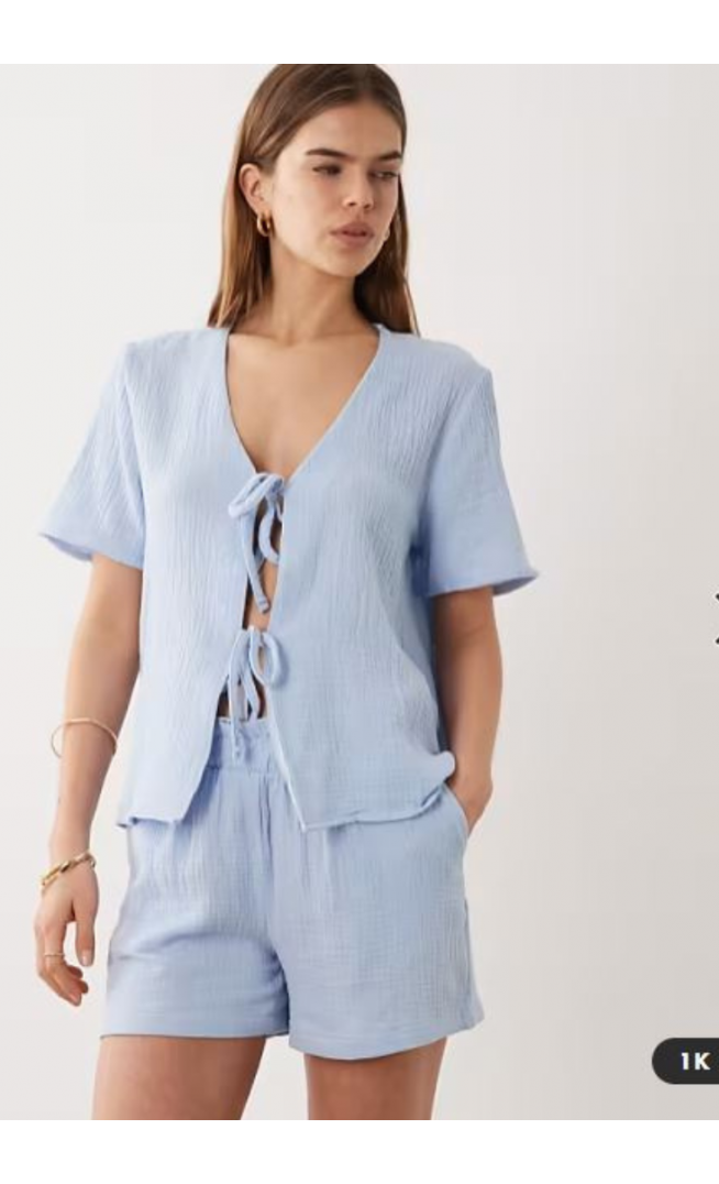 JDY short sleeve tie front cheesecloth shirt co-ord in light blue