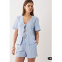 JDY short sleeve tie front cheesecloth shirt co-ord in light blue