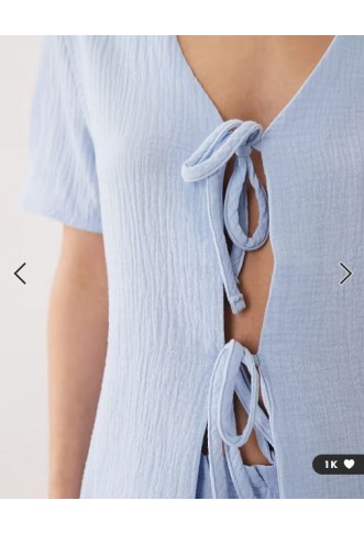 JDY short sleeve tie front cheesecloth shirt co-ord in light blue