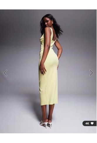 ASOS DESIGN curved neckline midi dress with split in lemon in scuba-style fabric
