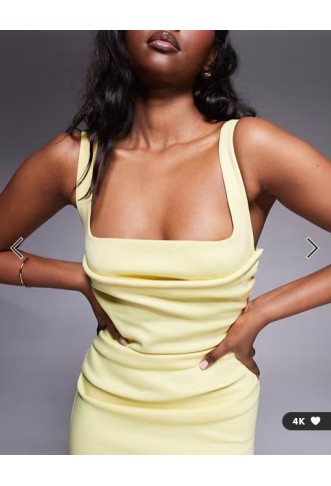 ASOS DESIGN curved neckline midi dress with split in lemon in scuba-style fabric