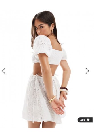 Esmee Exclusive broderie cut out puff sleeve mini beach dress in cream