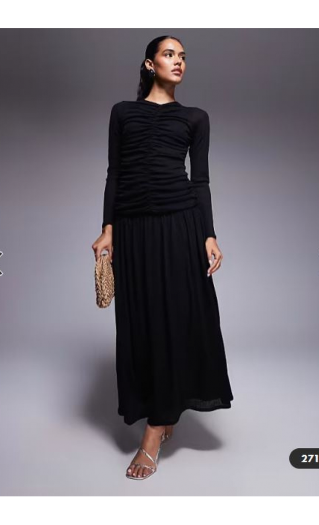 ASOS DESIGN textured ribbed long sleeve ruched front maxi dress in black