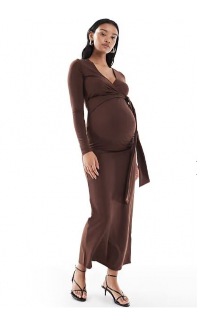 ASOS DESIGN Maternity cardigan wrap tie detail maxi dress in chocolate