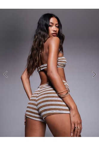 ASOS DESIGN Eva towelling booty short bikini bottom in brown stripe