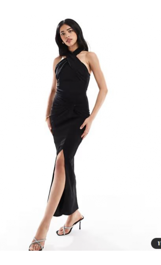 TFNC crepe halter neck maxi dress with thigh split in black