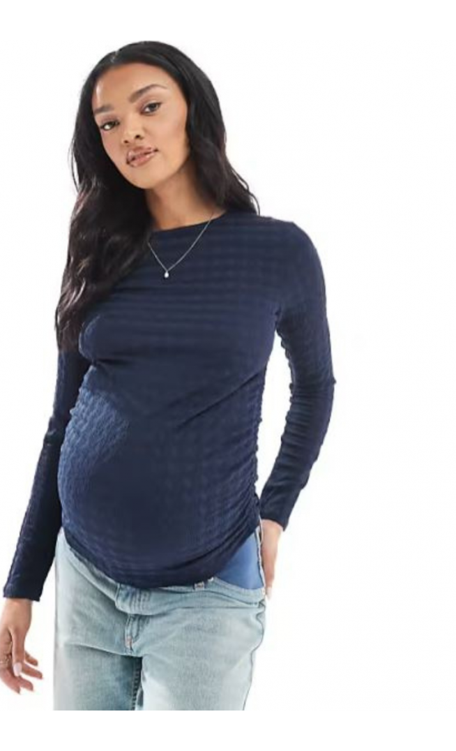Vero Moda Maternity textured ruched long sleeve top in navy