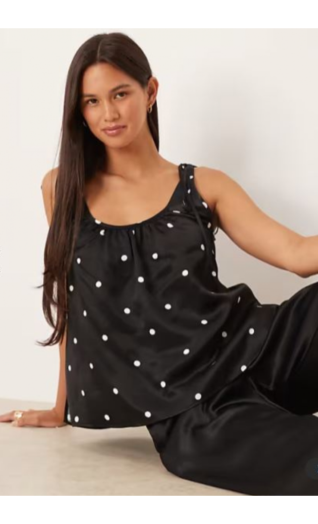 ASOS DESIGN satin tie shoulder cami top in polka dot