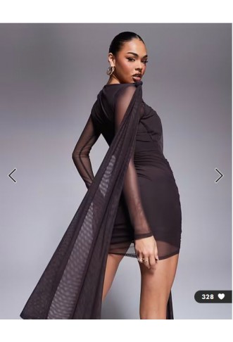 ASOS DESIGN mesh tie shoulder mini dress with knot drape detail in chocolate