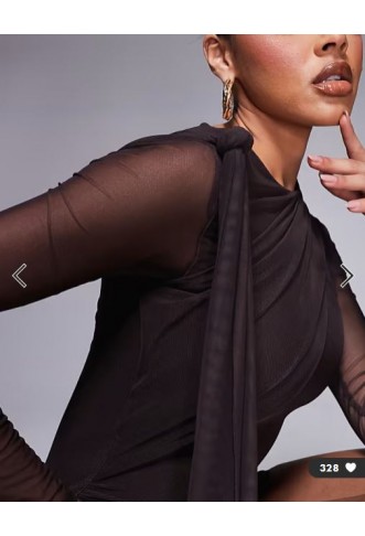 ASOS DESIGN mesh tie shoulder mini dress with knot drape detail in chocolate