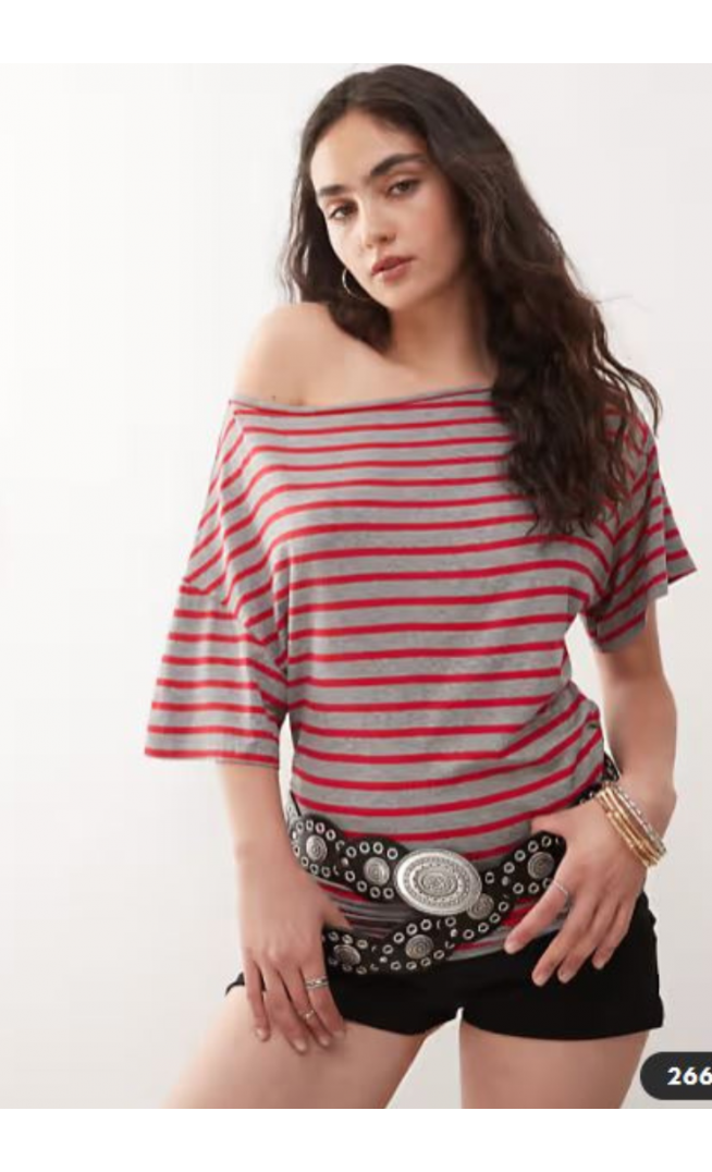 COLLUSION off the shoulder stripe top in red