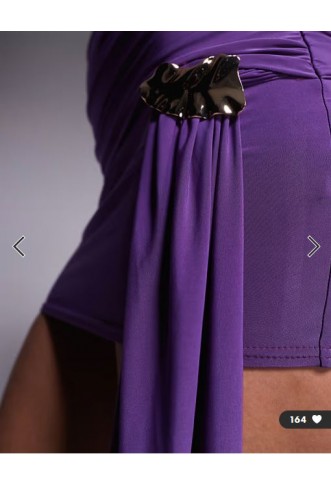 Kaiia exclusive double layered slinky gold hardware drape detail mini dress in violet