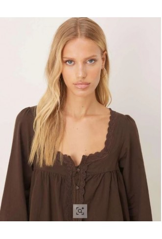 Women’s ASOS DESIGN cotton lace trim long sleeve babydoll mini dress in chocolate