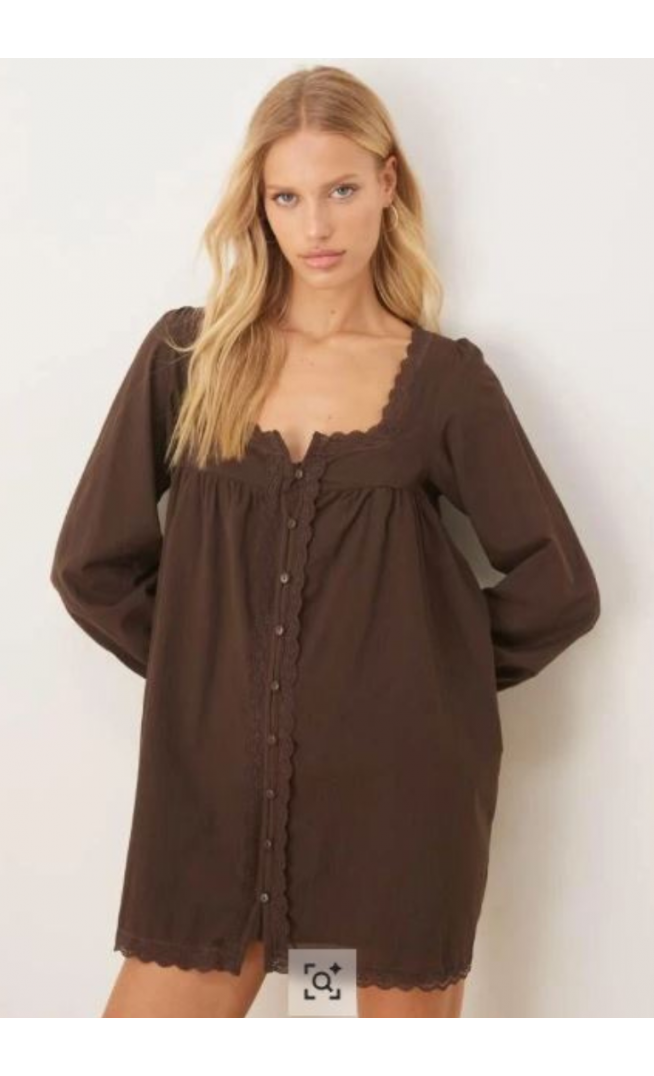 Women’s ASOS DESIGN cotton lace trim long sleeve babydoll mini dress in chocolate