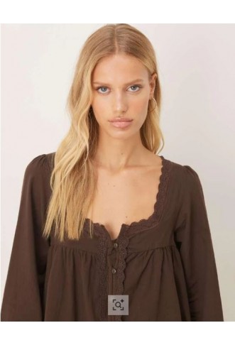 Women’s ASOS DESIGN cotton lace trim long sleeve babydoll mini dress in chocolate