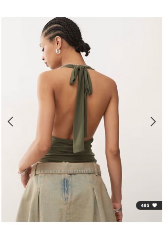 COLLUSION cupro longline slinky halter top in khaki