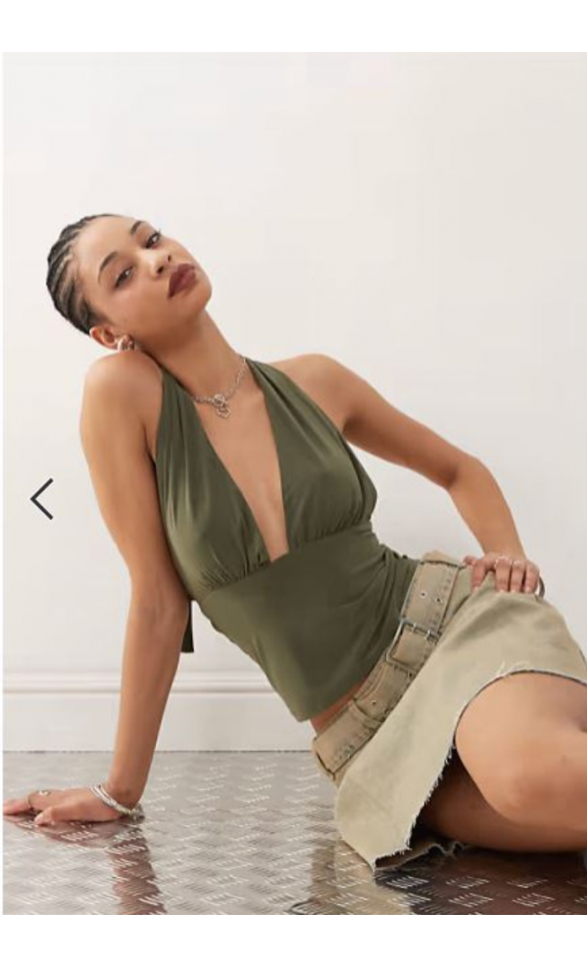 COLLUSION cupro longline slinky halter top in khaki