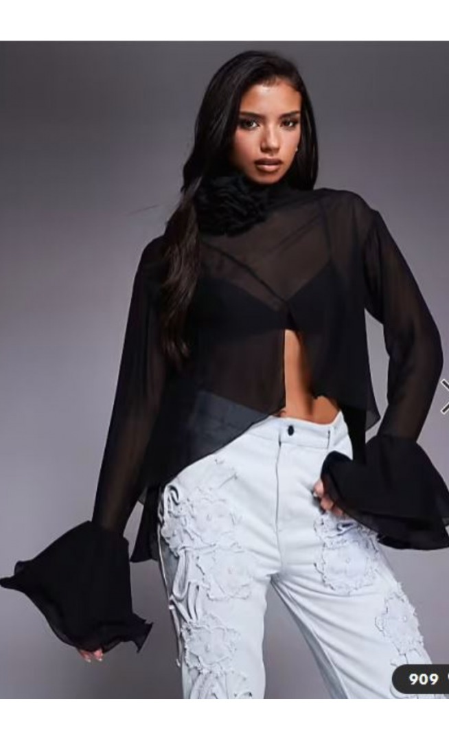ASOS LUXE high neck sheer top with corsage detail in black