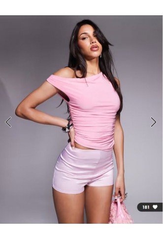 Missyempire exclusive double layered slinky off shoulder top in baby pink