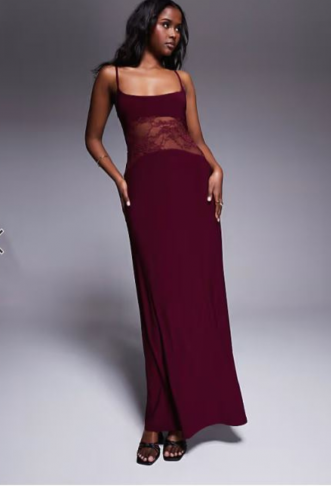 ASOS DESIGN cami lace insert maxi dress in burgundy