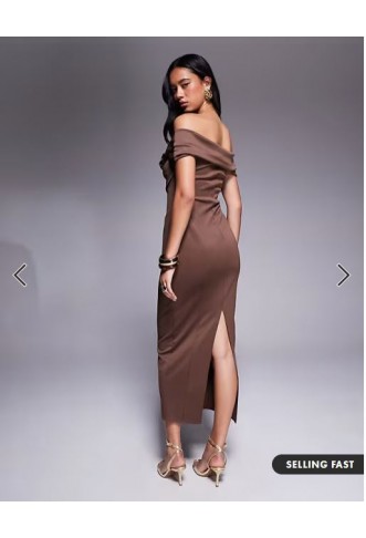ASOS DESIGN sculpted bardot midi pencil dress with seam detailing in chocolate
