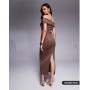 ASOS DESIGN sculpted bardot midi pencil dress with seam detailing in chocolate