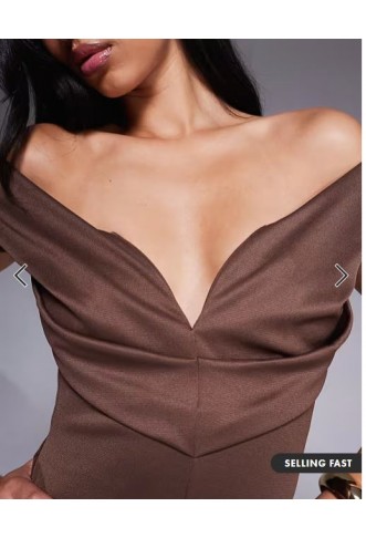 ASOS DESIGN sculpted bardot midi pencil dress with seam detailing in chocolate